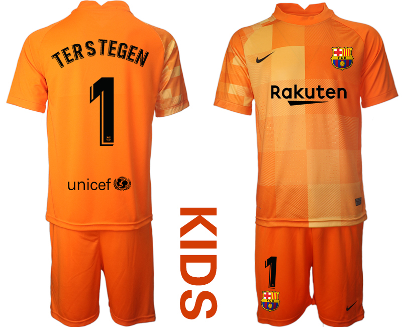 Youth 2021-2022 Club Barcelona orange red goalkeeper #1 Soccer Jersey